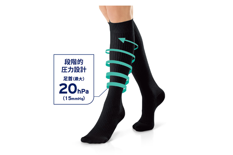 段階的圧力設計 足首（最大）20hPa（15mmHg）